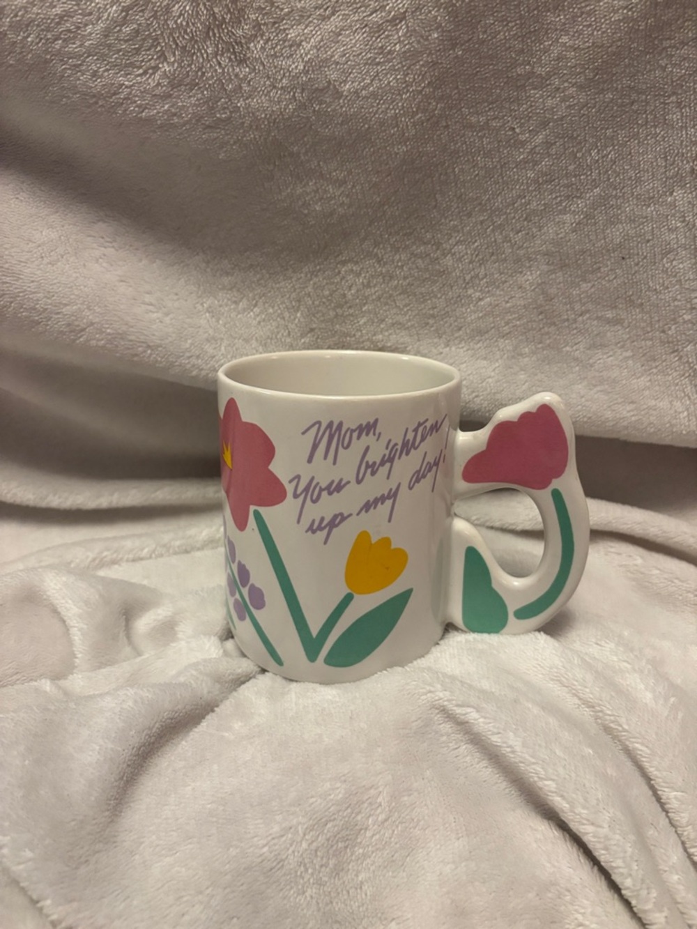 Avon floral “mom” mug / White Ceramic Mug with Pink, Blue, Yellow, Green Accents